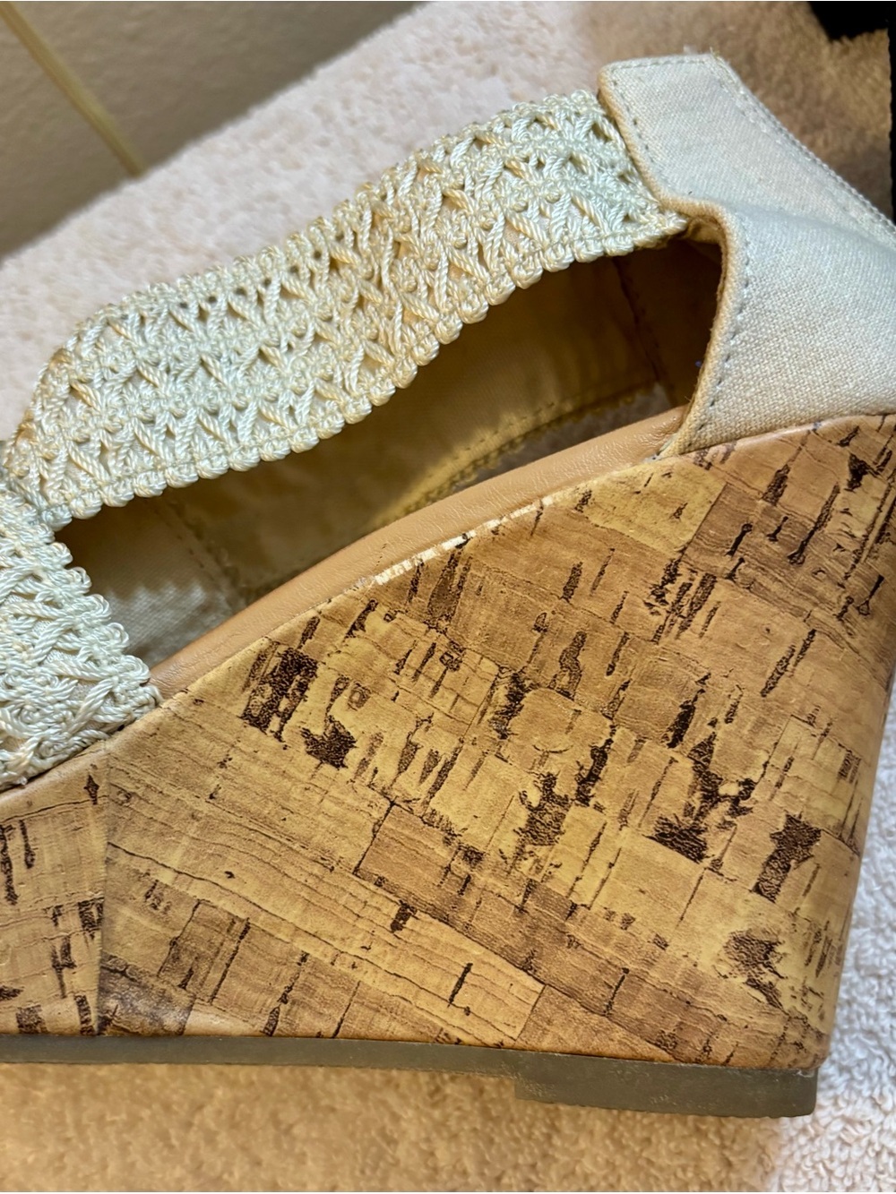 Wedge Sandal in Cream with Crocheted Strap